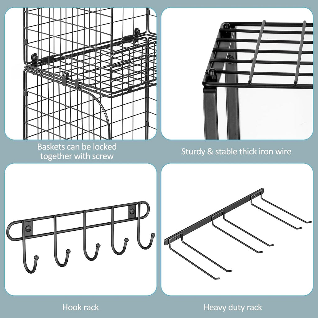 ThreeHio Garage Shelf Wall Mounted with Wire Baskets, Heavy Duty Garage Wall Shelving with Garden Tool Rack and Hooks, Wire Shelf Baskets Tool Organizer for Home Garden Yard Organization and Storage