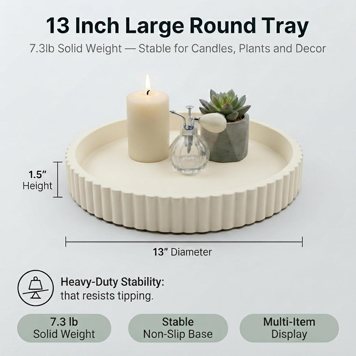 Round Solid Concrete Tray, Fluted Centerpiece for Coffee Table Decor 13"