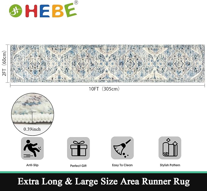 HEBE Hallway Runner Rug 2'x10' Washable Vintage Distressed Area Rugs Non Slip - Image 2