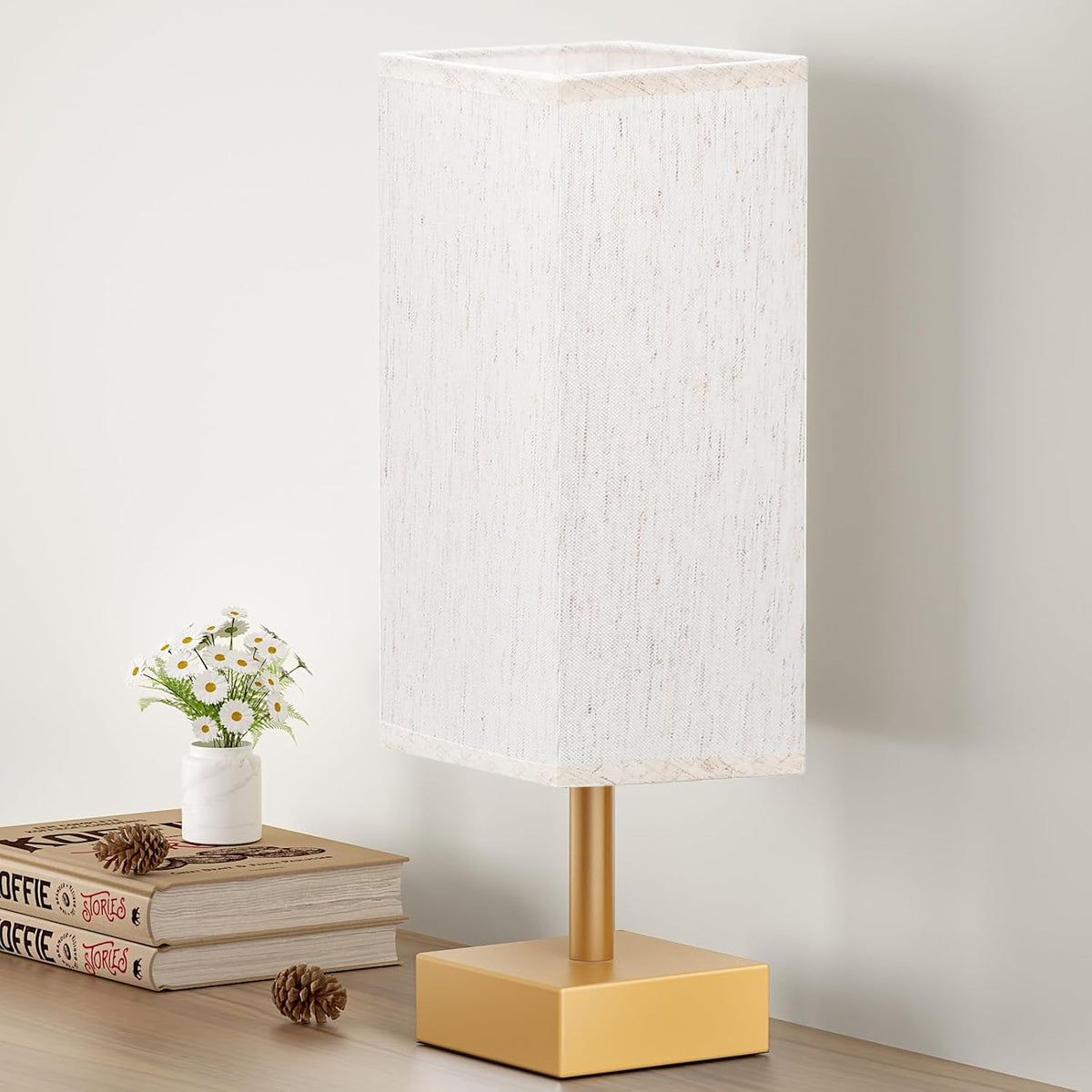 aooshine Small Bedside Table Lamp for Bedroom - Square Beige Fabric Shade