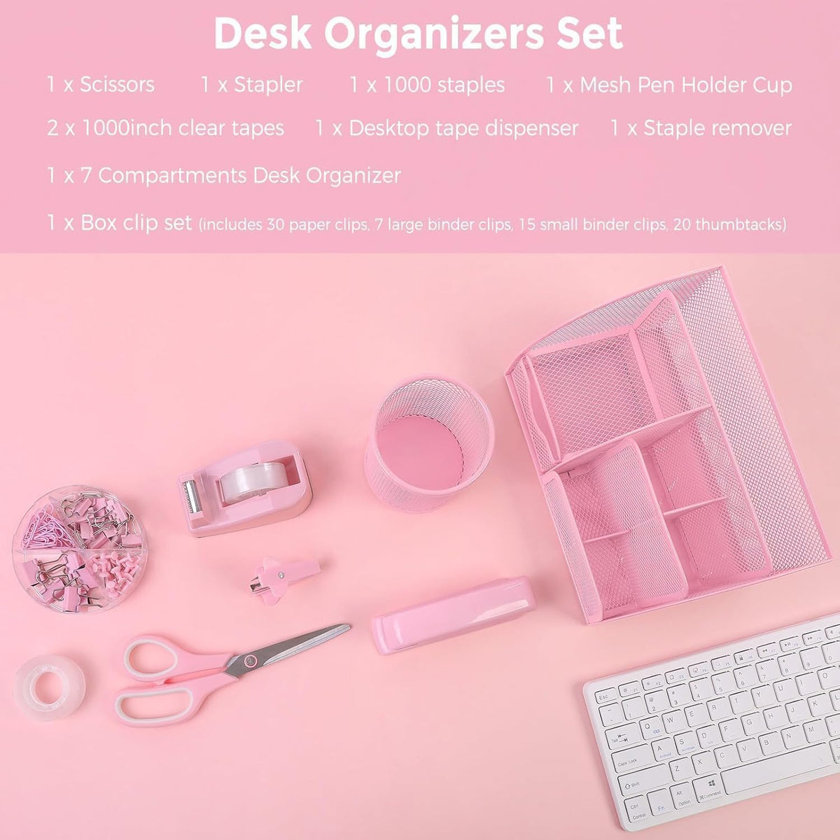 SKYDUE 10 Pcs Pink Desk Accessories, Pink Office Supplies Set