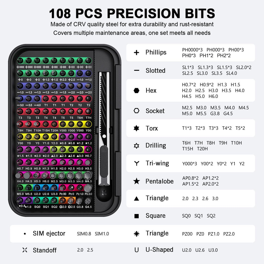Mini Precision Screwdriver Set with Color-coded Identification, 132 in 1 Micro Magnetic Repair Tool Kits with Storage Box, 108 Bits,Small Manual Screw Driver Toolkits for iPhone/Mac/iPad/Table