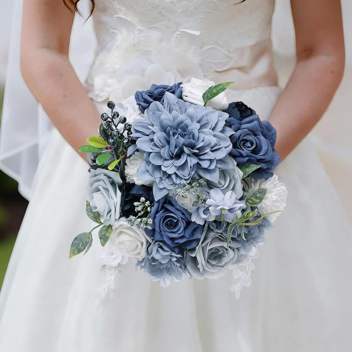 Artificial Flowers Combo Dusty Blue Silk Fake Flower Box Set for Wedding Bridal Roses Bouquets Baby Shower Birthday Party Decorations DIY Floral Centerpieces