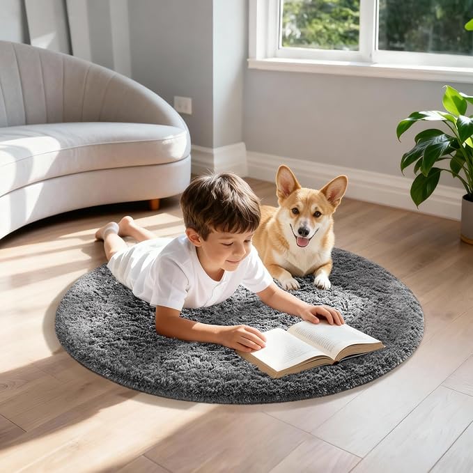Ophanie Round Rug 2Ft Grey Circle Area Rug, Fluffy Fuzzy Bedroom Carpet - Image 5