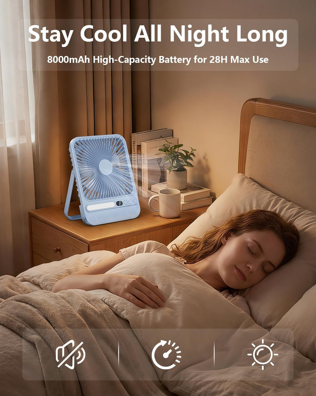 8000mAh Ultra-Thin Portable Travel Fan with Timer, Light&LED Display