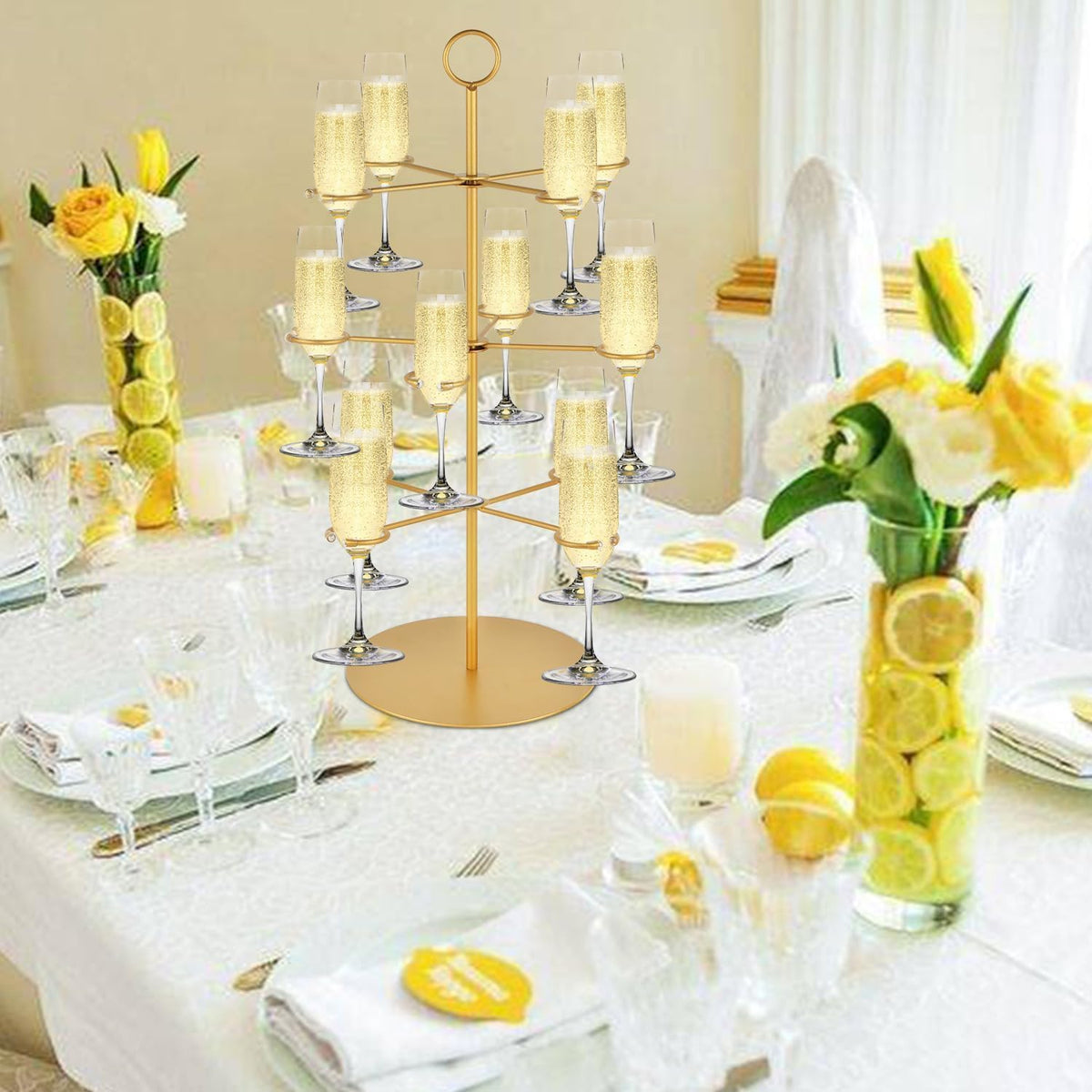 QPIX DIGITAL Champagne Tower,Metal Cocktail Tree Stand 3 Tier - 12 Holders For Champagne, Cocktails, Martini, Margarita Cups at Weddings,Bridal Parties & Events,Cocktail Glass Gold Holder