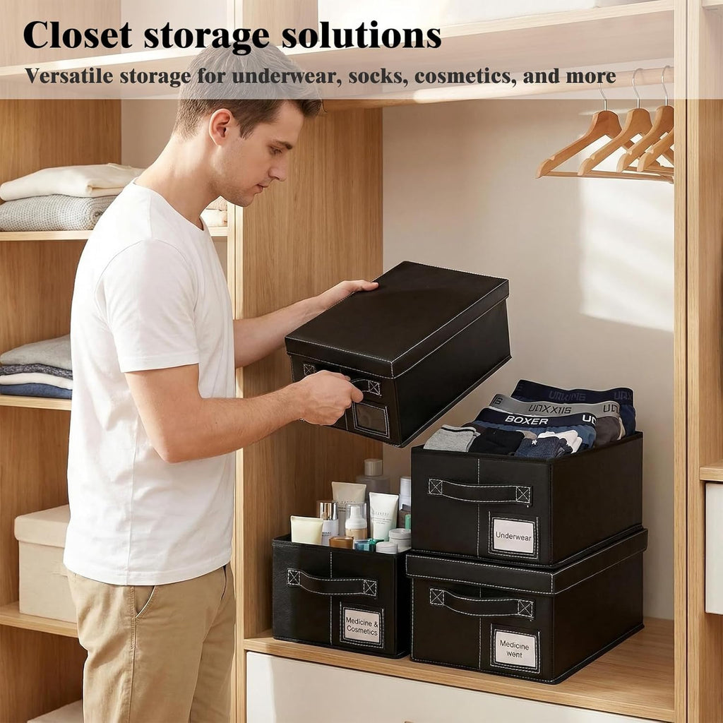 DVD Storage Boxes with Lid, 4 Pack Holds 104 DVD Cases Total, Stackable Leather Media Organizer for Blu ray, Video Game, CDs