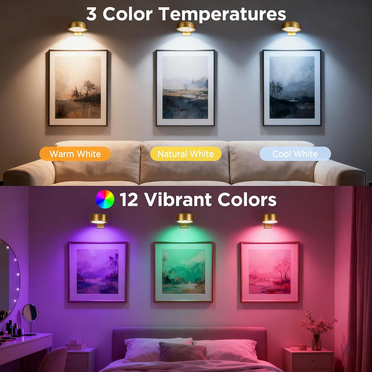 4-Pack Picture Lights for Wall, Rechargeable Cordless Poster Lights, Gold