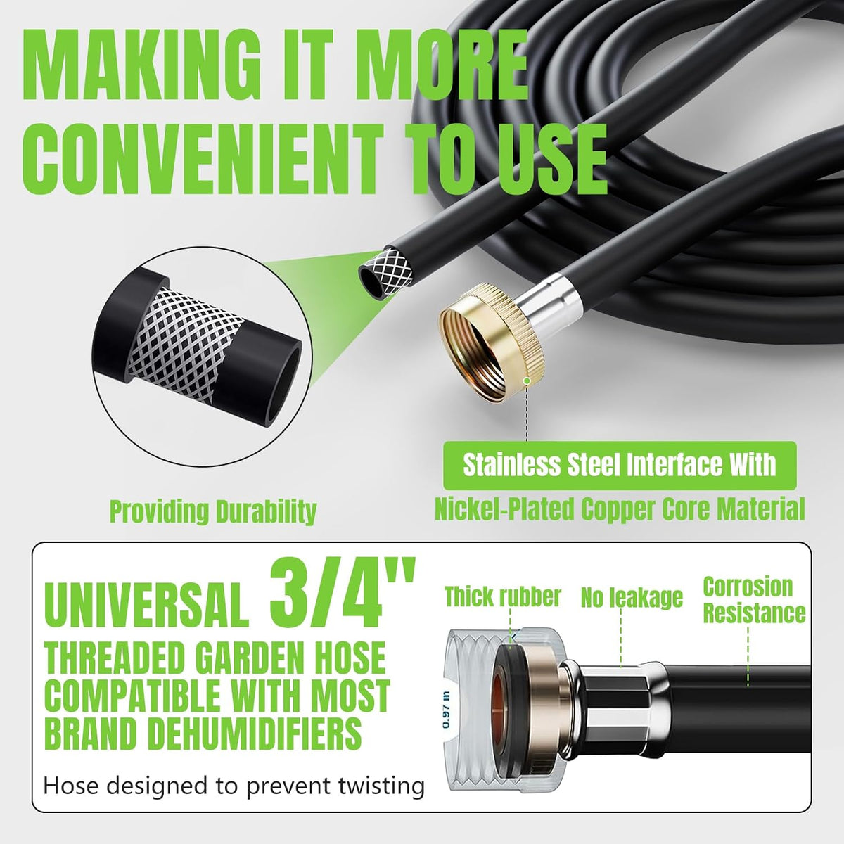 8FT Leakproof Dehumidifier Drain Hose with 3/4" FHT Rustproof Connector