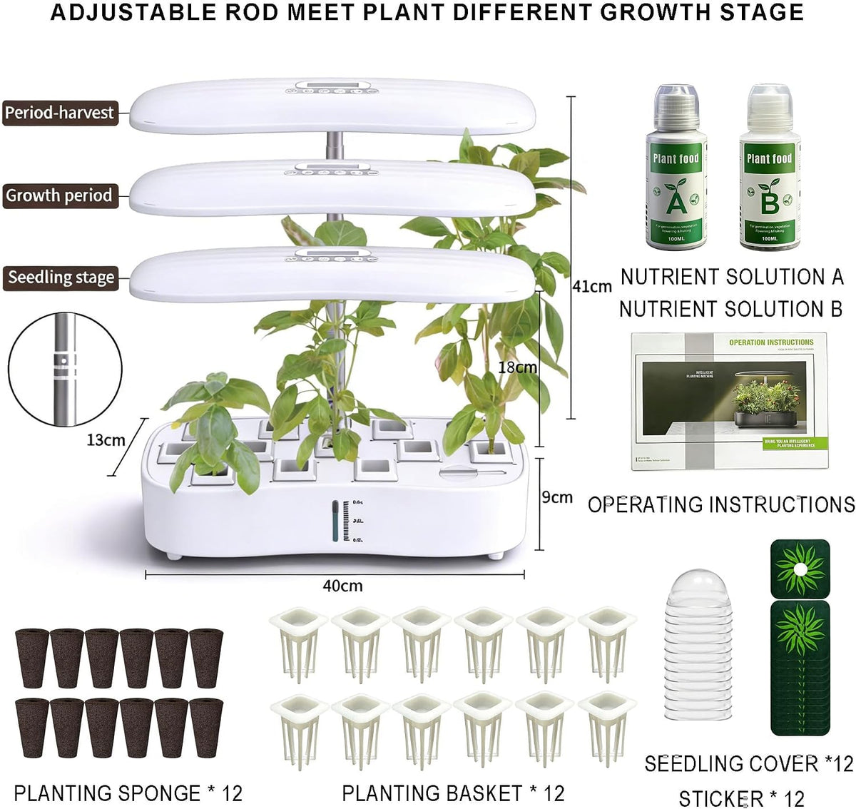 12 Pods Hydroponics Growing System Kit,Soil-Free Indoor Herbs Garden, White