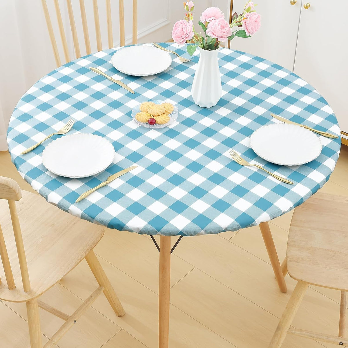 Smiry 57"-68" Picnic Table Cloth, Flannel Backed Vinyl Fitted Tablecloths