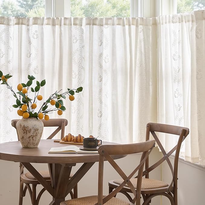 jinchan Belrose Linen Floral Cafe Curtains 54 Inch Length Embroidered Farmhouse - Image 3