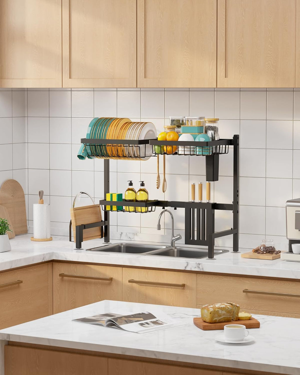 Sakugi Over The Sink Dish Drying Rack - Adjustable 2 Tier Large Capacity Stainless Steel Drainer with Cutlery & Utensil Holders, Kitchen Storage & Organization, 30"-33.9" L x 11" W x 21.5" H, Black