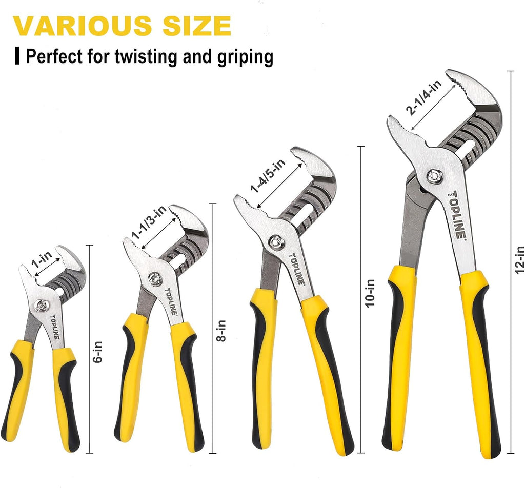 TOPLINE 4-piece Groove Joint Pliers Set with12-in, 10-in, 8-in and 6-in