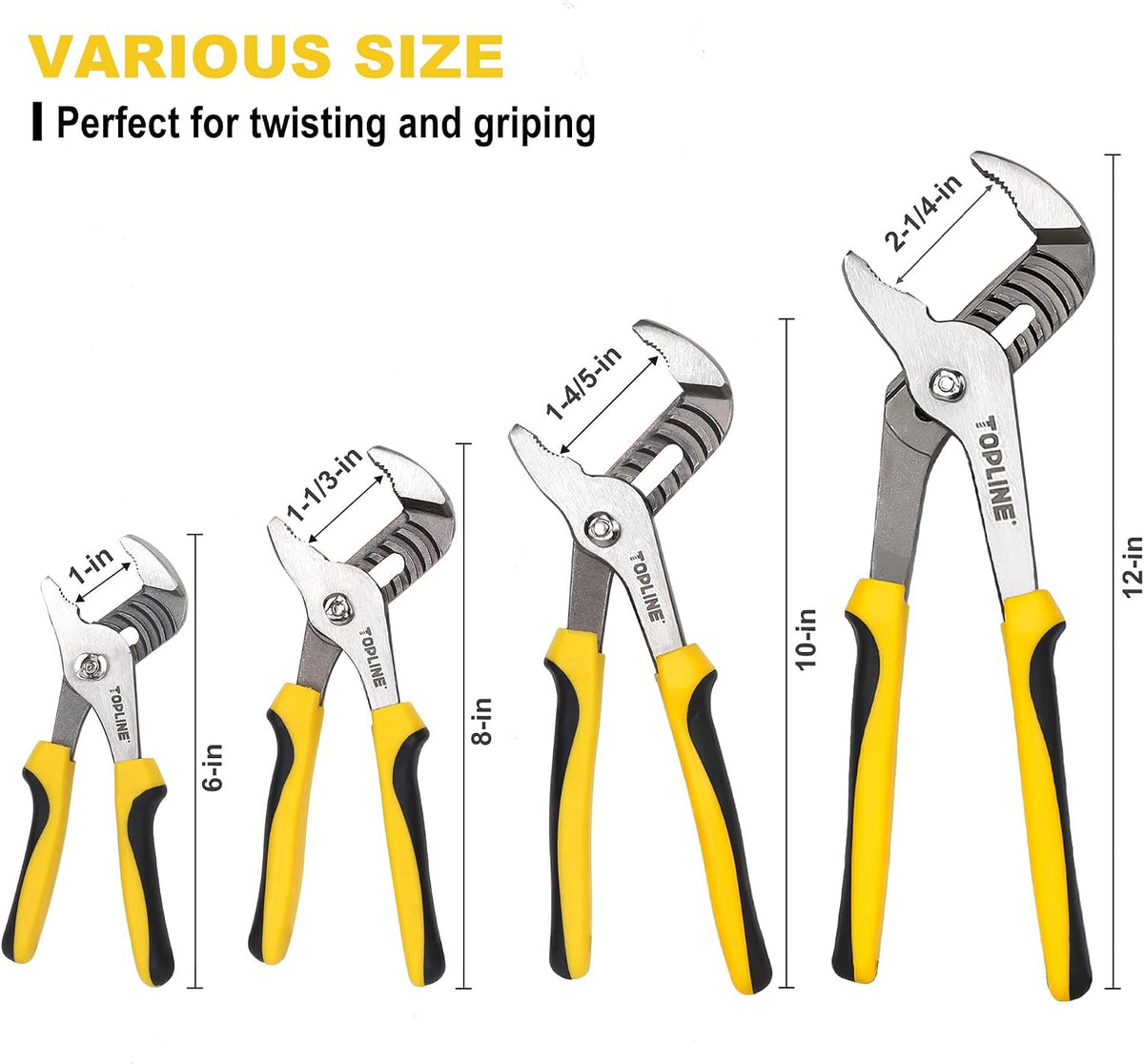 TOPLINE 4-piece Groove Joint Pliers Set with12-in, 10-in, 8-in and 6-in
