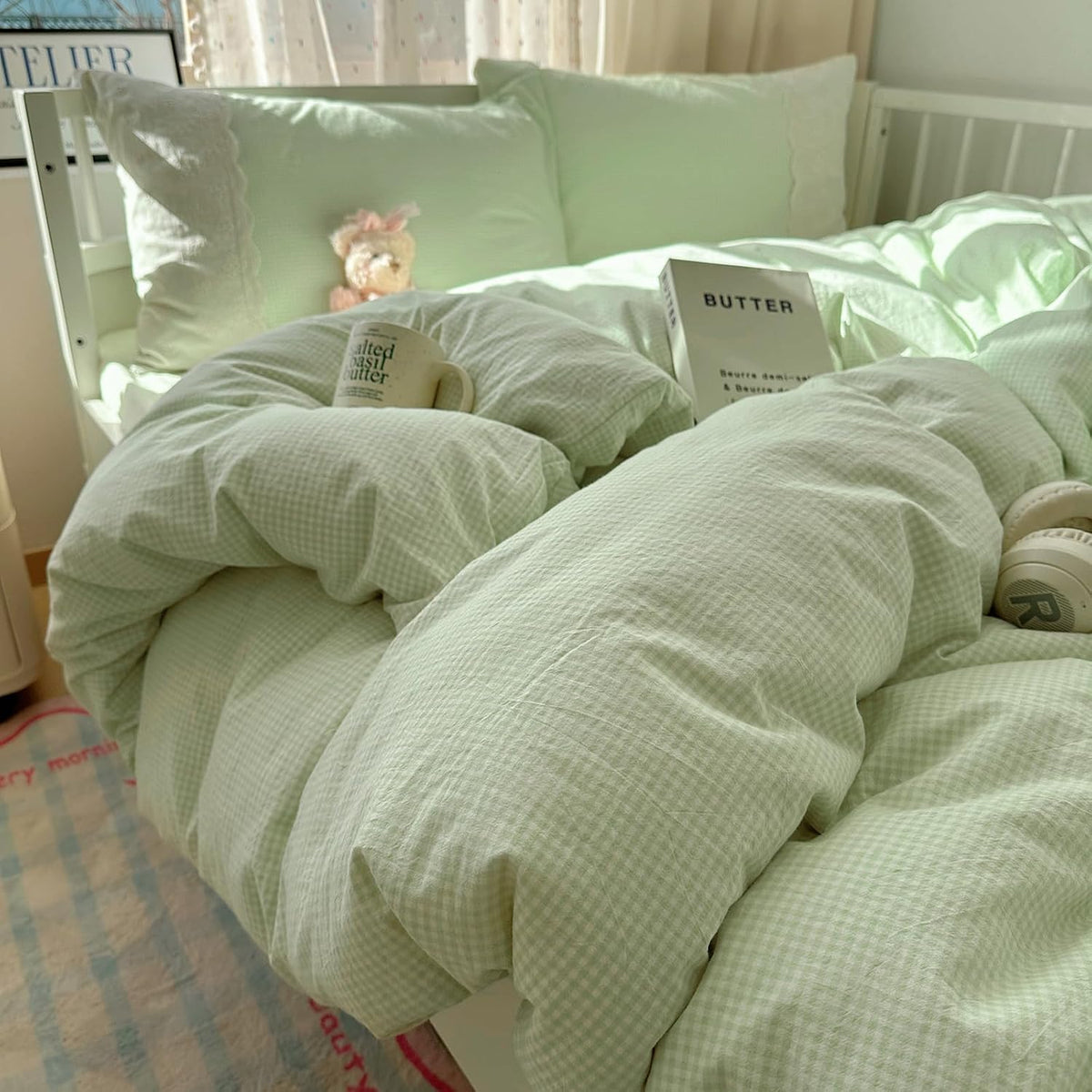 VM VOUGEMARKET Green White Checked Comforter Set Full 3 Pieces Lace Bedding Set Simple Cozy Mini Plaid Gingham Comforter Quilt with 2 Lace Pillowcases for Girls Women