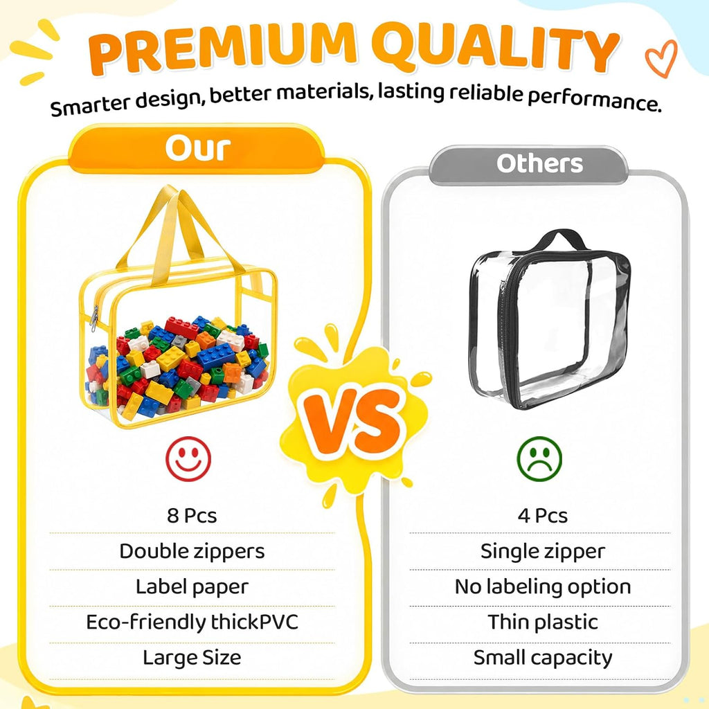 8 Packs 3 Colors Large Toy Storage Bags with Zipper and Labels, Clear PVC Waterproof Toy Organizers Bags for Board Games, Puzzles Pieces, Building Blocks, Handmade Accessories