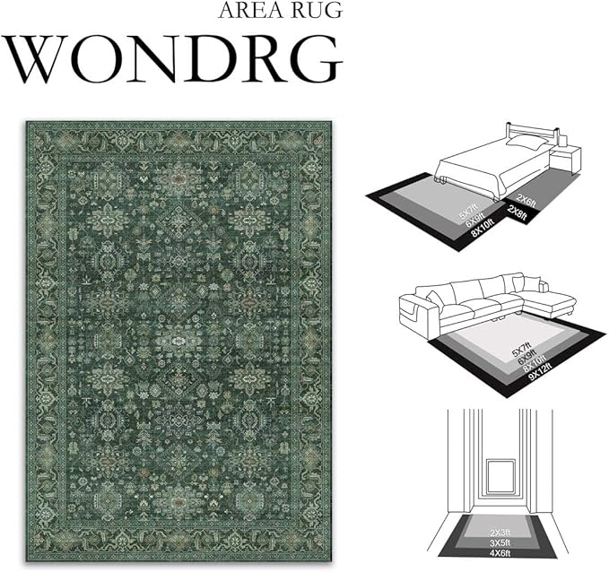 9x12 Washable Area Rug for Living Room Bedroom Vintage Green Non Slip Carpet - Image 2