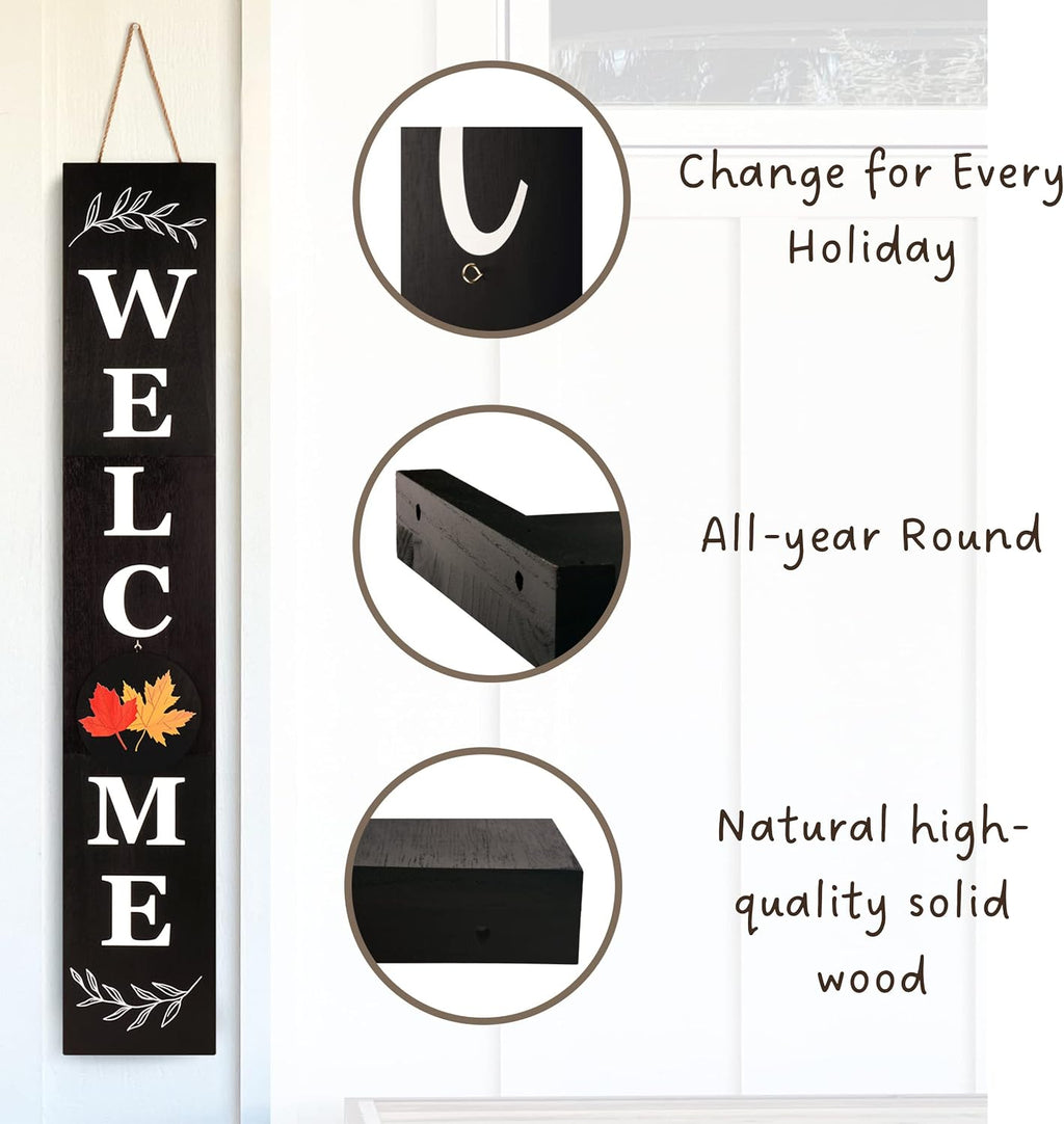 Perfnique Welcome sign for front porch standing, 47 x 7.9 Inch Wooden Leaner Sign with 10 Interchangeable Designed Icons, Seasonal Decor for Spring Easter Fall Christmas(Black)