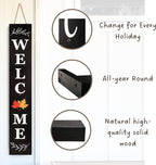 Perfnique Welcome sign for front porch standing, 47 x 7.9 Inch Wooden Leaner Sign with 10 Interchangeable Designed Icons, Seasonal Decor for Spring Easter Fall Christmas(Black)