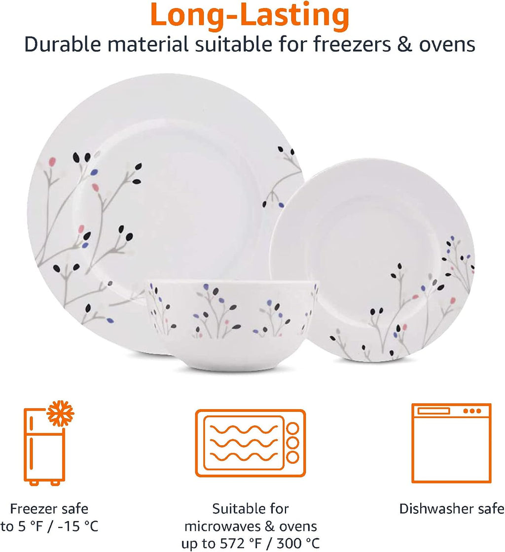 Amazon Basics 18-Piece Complete Kitchen Dinnerware Set, Microwave and Dishwasher Safe, Plates, Dishes, Bowls, Service for 6, Branches