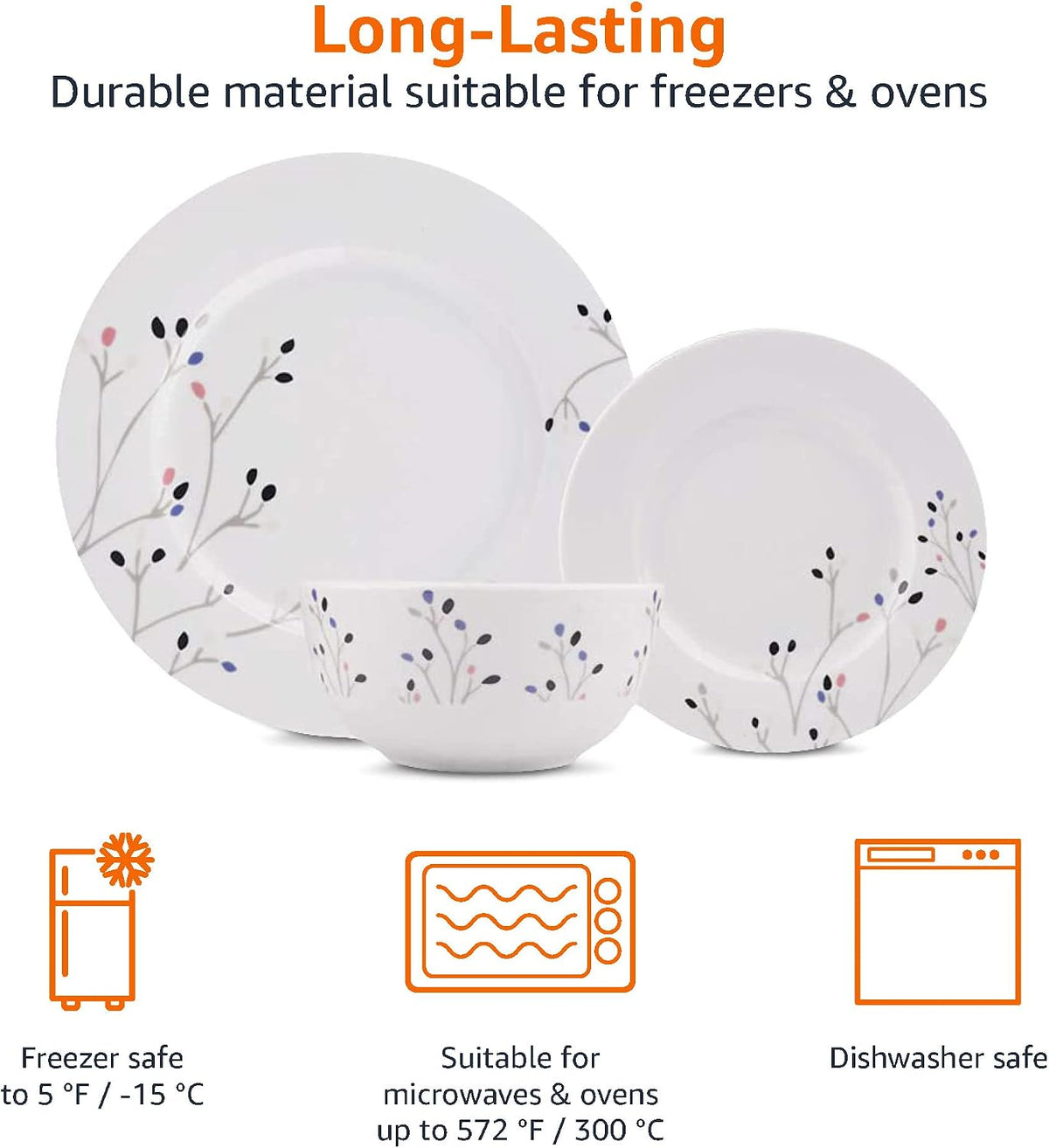 Amazon Basics 18-Piece Complete Kitchen Dinnerware Set, Microwave and Dishwasher Safe, Plates, Dishes, Bowls, Service for 6, Branches