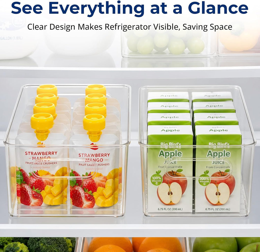 6 Pack Pantry Organizers and Storage, Food Storage Containers with 3 Removable Divider for Kitchen, Fridge, Cabinet Organization, Clear Plastic Storage Bins for Snacks, Spice Packets, Packets, Pouches