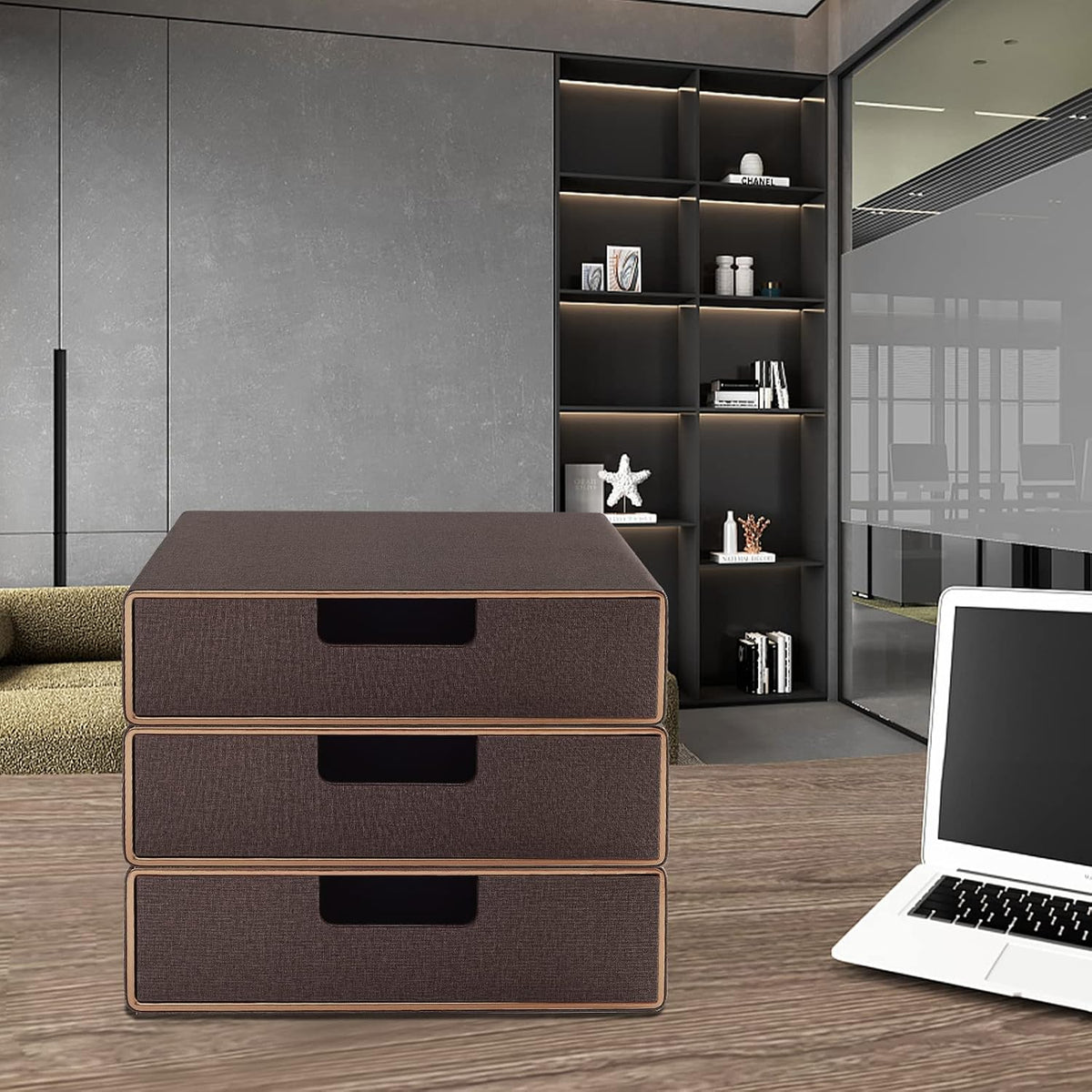 Stackable Organizer Drawer Classic Brown Pu Leather Handmade,Organize Home Office Desk Accessories and Sort Letter-Size Paper/a4 Document,Desk Caddy with Drawers Storage Box,13.1x10x3.7inches