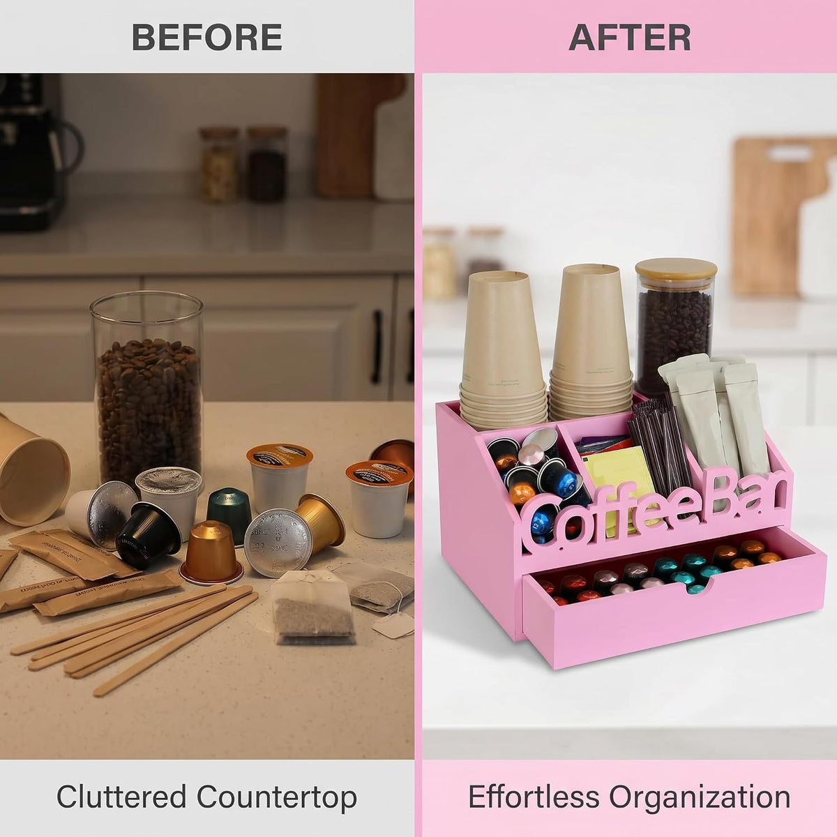 Coffee Bar Organizer Countertop, Wood Coffee Station with Drawer, Pink