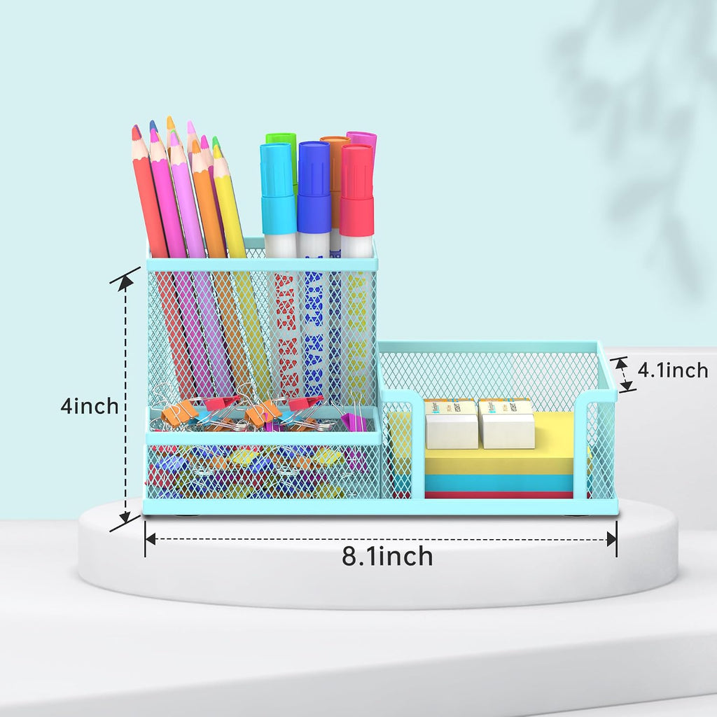 SUPEASY Mesh Pen Holder Desk Organizer, Office Supplies Pencil Storage with 3 Compartments, Office Desk Accessories and Workspace Organizers for Home School, Blue