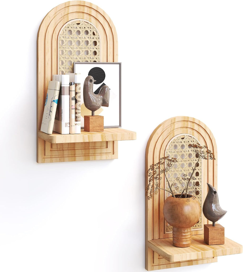 Rattan Wall Shelf Set of 2, 7'' Natural Floating Shelves Boho Decor, Rustic Wood Arched Rattan Wall Mounted Storage Shelves for Plant Figurines Display, Wicker Shelf for Living Room Nursery Bedroom