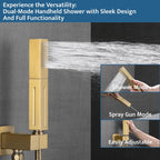 Thermostatic Shower System Brushed Gold, Push Button Diverter Shower Faucet with 2 in 1 Handheld, Ceiling Mount 12 Inch Shower Head with 6 Inch Wall Mount Shower Head
