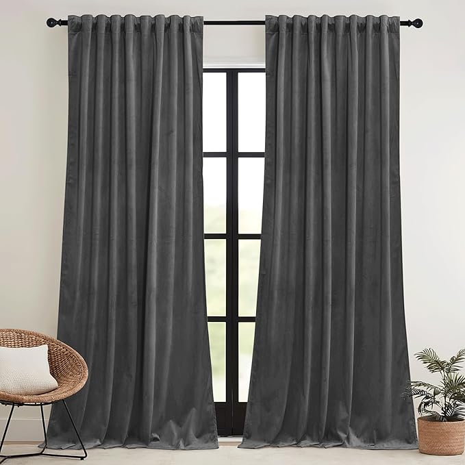RYB HOME Grey Velvet Curtains 90 inches - Image 2