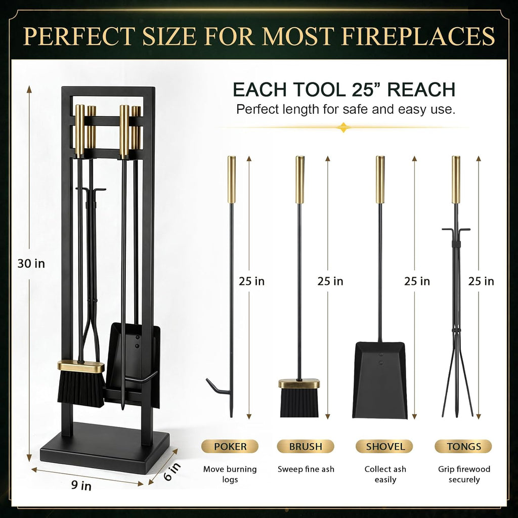 5-Piece Fireplace Tool Set, 30" One-Piece Stand, Antique Brass