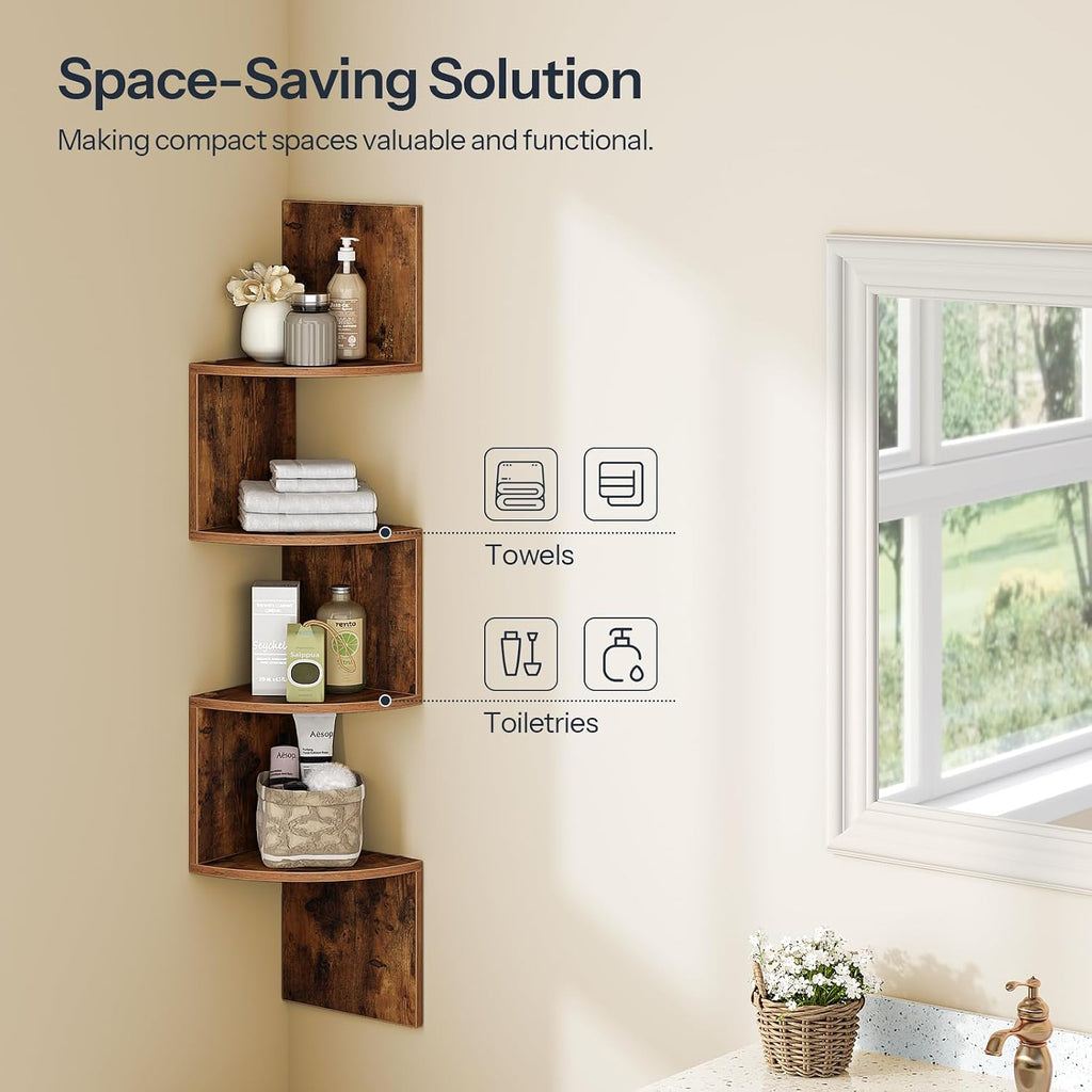 HOOBRO Corner Shelf Wall-Mounted, Set of 2 Floating Corner Shelves for Wall, 4-Tier Corner Bookshelves Floating Shelf for Wall Corner Shelves for Living Room Bedroom Bathroom Home Office Rustic Brown