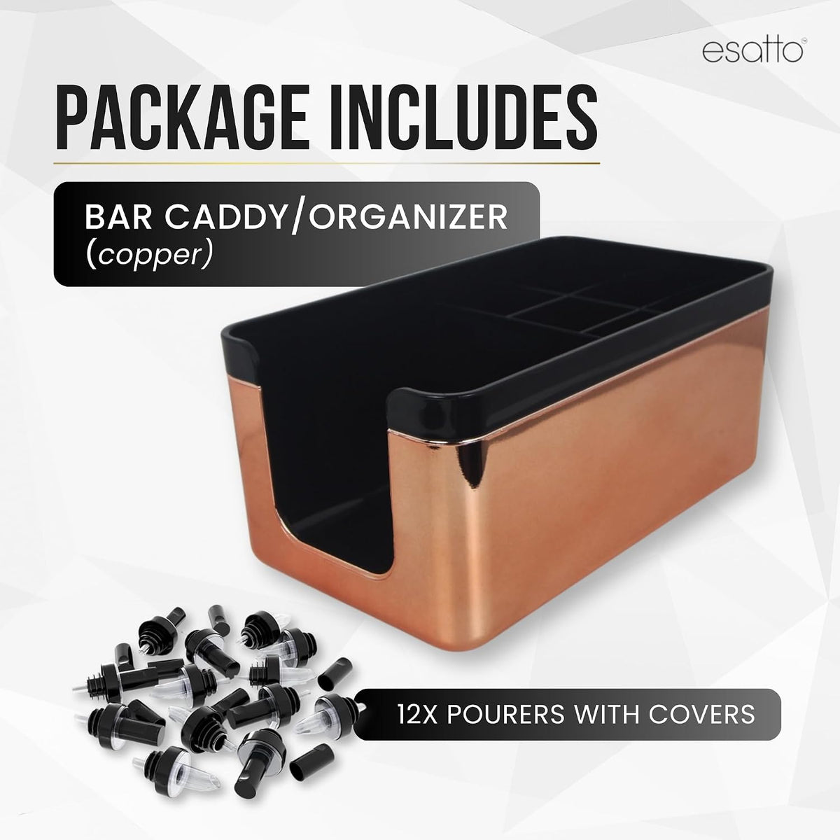 Esatto Square Bar Caddy Organizer with 12 Pourers & Caps, Copper