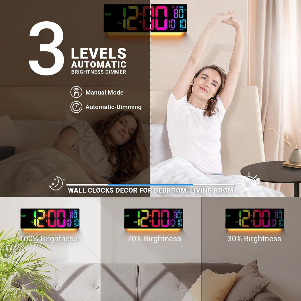16.5" Large Digital Wall Clock RGB LED Display for Classroom with Remote