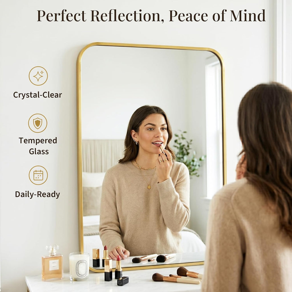 24x36 Inch Brushed Gold Rounded Rectangle Bathroom Vanity Mirror