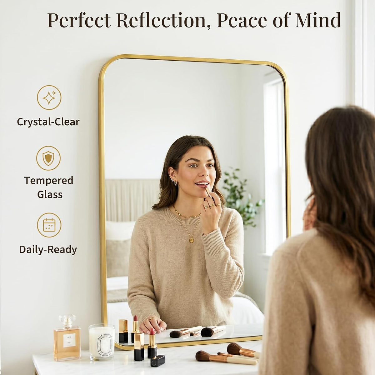24x36 Inch Brushed Gold Rounded Rectangle Bathroom Vanity Mirror