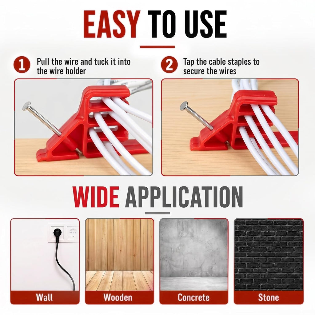 50 Pcs Cable Stacker Wire Staples, Plastic Clips with Nail, Red