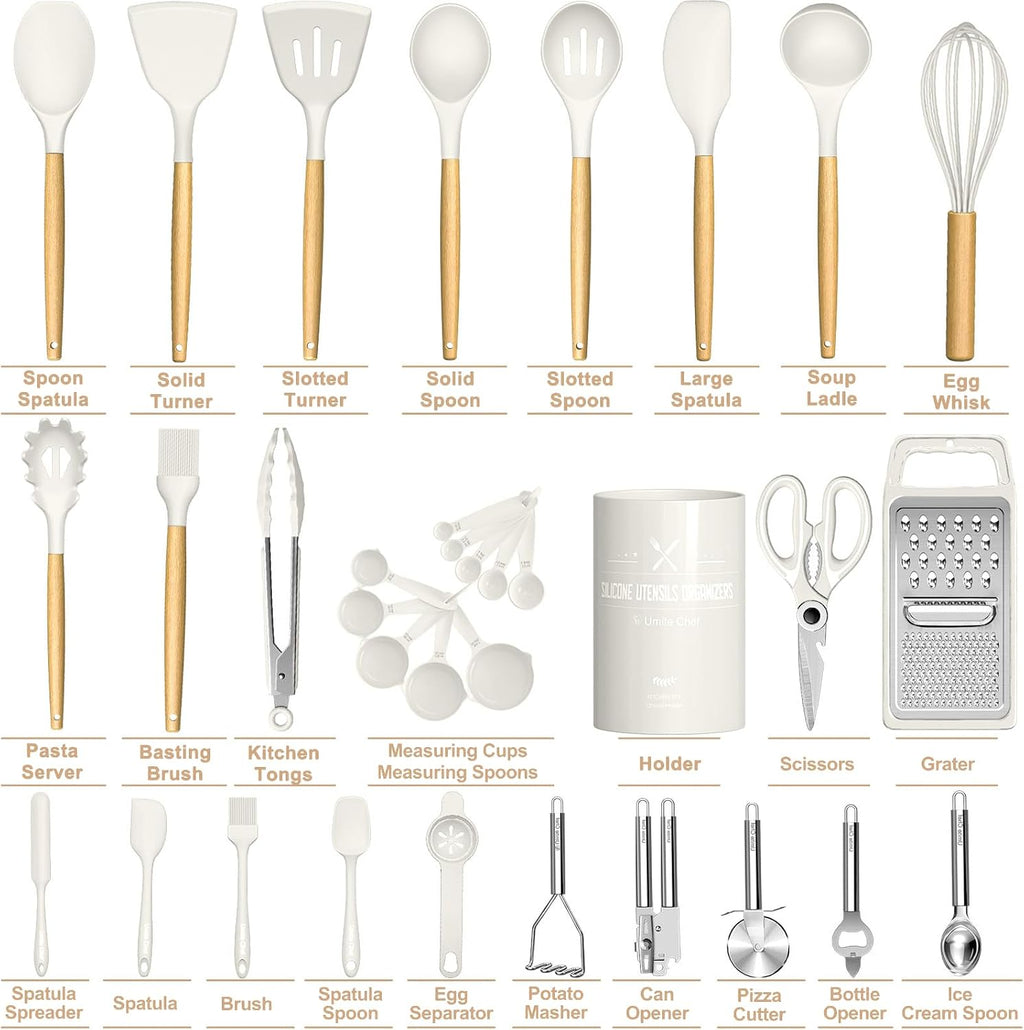 Umite Chef Silicone Kitchen Utensil Set, 34PCS Heat Resistant Kitchen Gadgets and Tools With Grater, Cream White Wood Handles for Nonstick Cookware