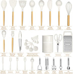 Umite Chef Silicone Kitchen Utensil Set, 34PCS Heat Resistant Kitchen Gadgets and Tools With Grater, Cream White Wood Handles for Nonstick Cookware