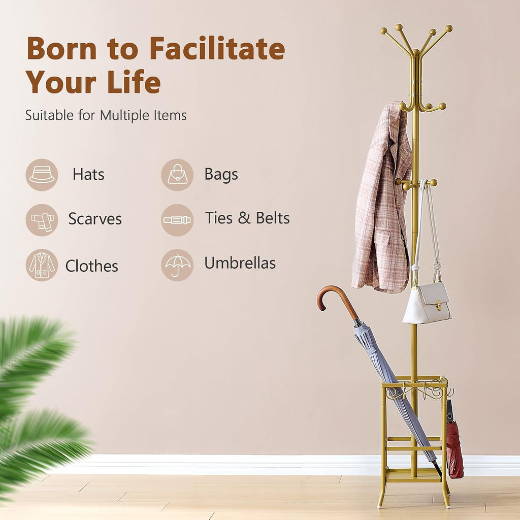 Hoctieon Coat Rack Freestanding, Coat Tree with Umbrella Holder, Metal Coat Rack Stand with 12 Hooks, Standing Coat Hanger Stand, Umbrella Stand for Entryway, Hat Rack Stand for Home Office