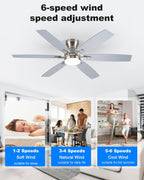 Coolwind 52 Inch Silver Low Profile Ceiling Fan with Light, 6 Speeds 3 Color Temperatures Led Outdoor Ceiling Fans for Bedroom