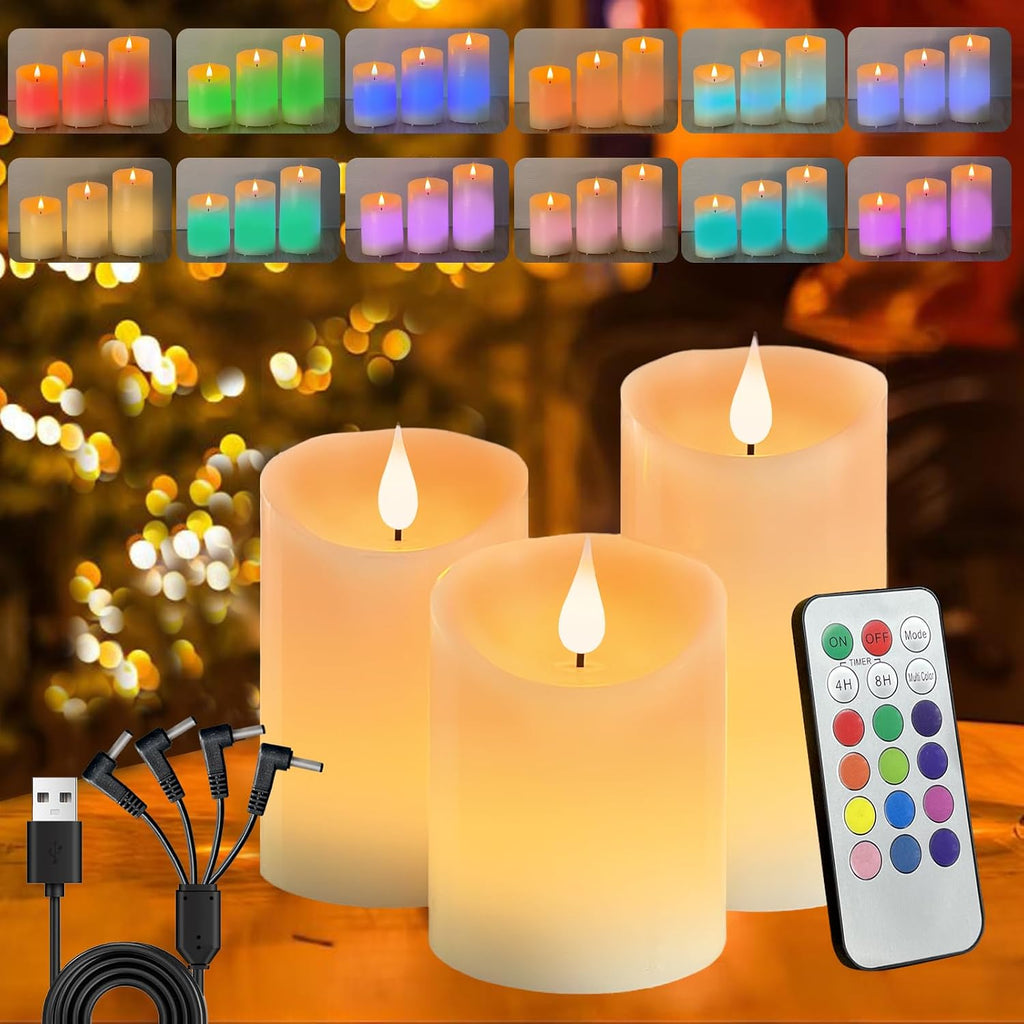 Rechargeable LED Flickering Flameless Candles, Fake Candles Set of 3（Ivory）