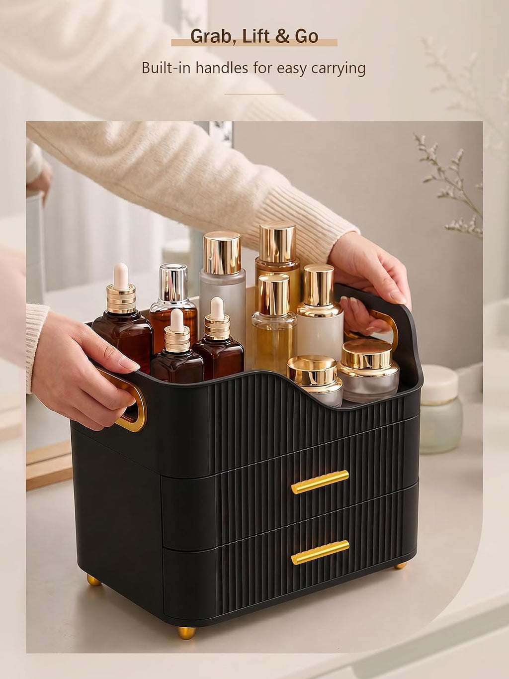 Large Makeup Organizer for Vanity, Bathroom Countertop, Black