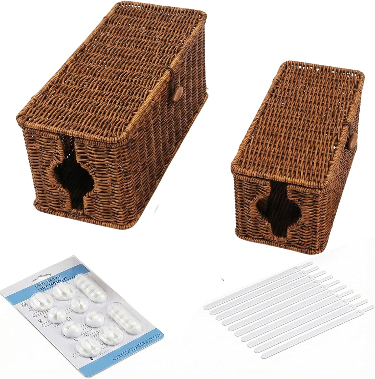 Wicker Cable Management Box, 2 Pack Large & Small Cable Organizer Box, Faux Rattan Hand-Woven Desk Organizer with 10 Cord Clips and 10 Ties, for Home Office and Charging Station