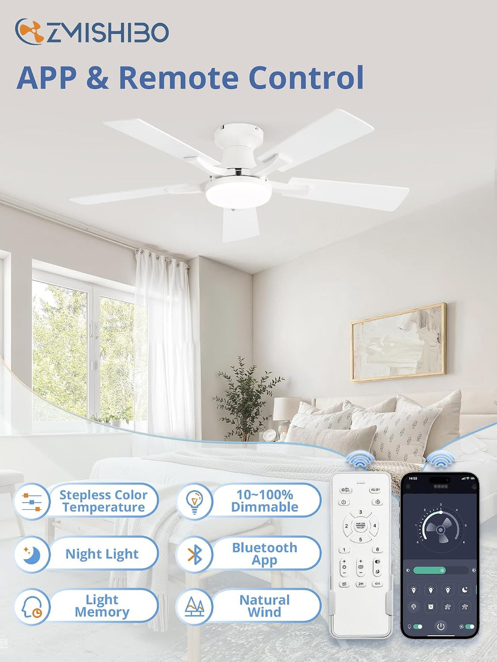ZMISHIBO 42 Inch Ceiling Fans with Lights, Remote&App Control, Flush Mount