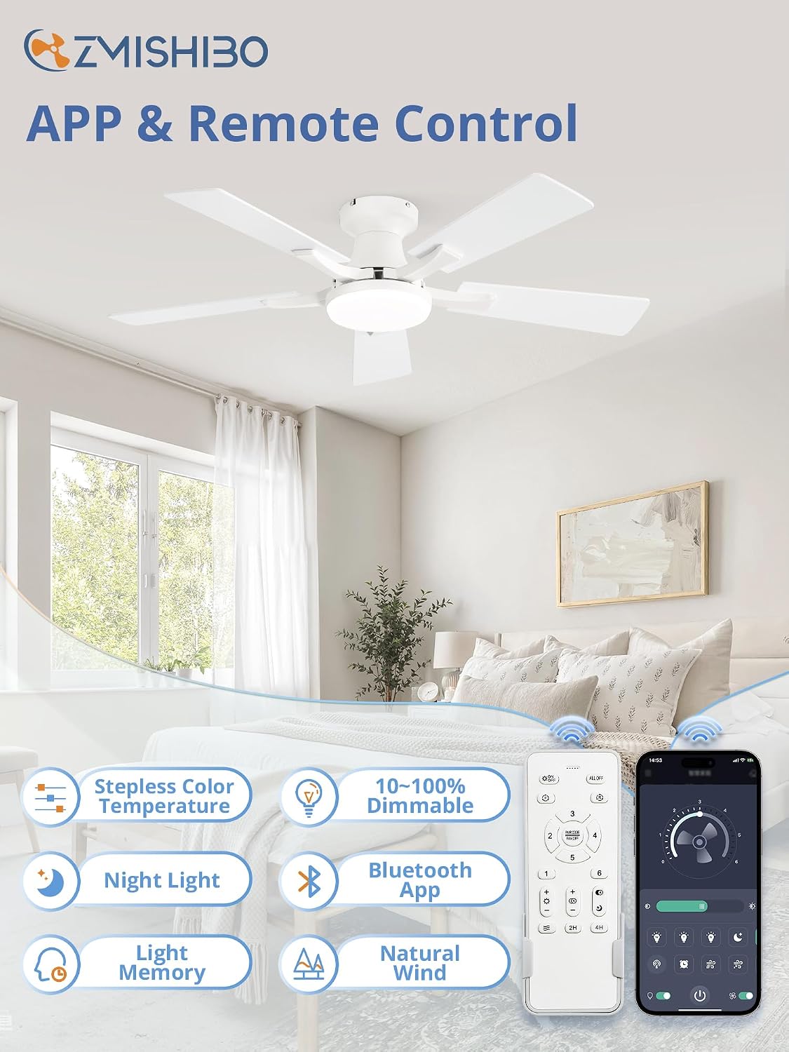 ZMISHIBO 42 Inch Ceiling Fans with Lights, Remote&App Control, Flush Mount