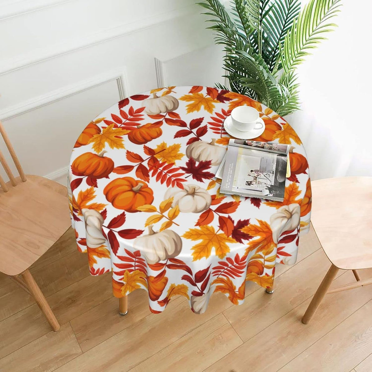 Fall Round Tablecloth 60 Inch Thanksgiving Harvest Autumn Pumpkin Fallen Leaves Maple Leaf Print Decorative Table Cloth Holiday Decorations Seasonal Decor for Home Kitchen Dining Room Picnic Party